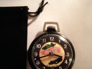 Vintage 16S Pocket Watch Hot Wheels Theme Dial & Black Case Runs Well. 4