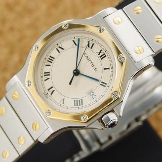 Authentic Santos De Cartier Octagonal 18k Solid Gold Bezel Quartz Mens Watch
