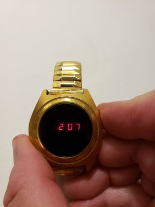 Vintage 1970s Red Led Gold Tone Digital Watch - Battery,  Runs