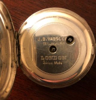 Antique J.  B.  Yabsley London Swiss pocket watch with.  935 Silver case, . 3
