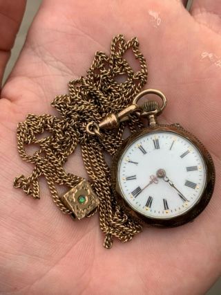 Antique Ladies Hallmarked Silver Pocket Watch & Gold Filled Chain