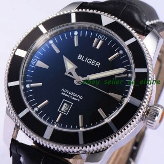 46mm Bliger Mens Auto Watches Black Dial Black Bezel Leather Straps Ba4602sbk02