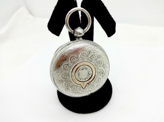 Antique Chester Engraved Sterling Silver 14k Inlay Open Face Pocket Watch Case