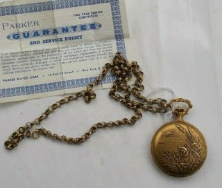 Rare Vintage Parker Wind Up Pocket Watch Swiss 17 Jewels & Chain Hunting