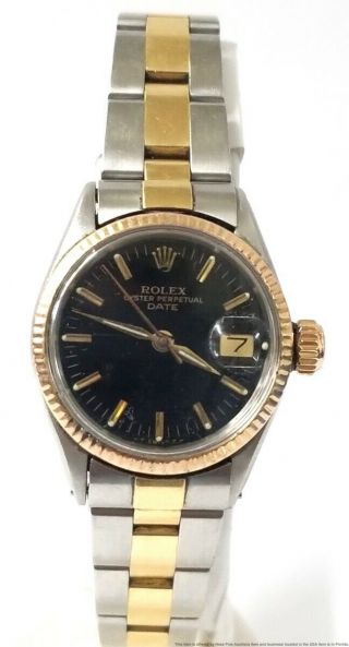 Vintage Rolex Oyster Perpetual 18k Gold Ss 6517 Black Dial Ladies Watch