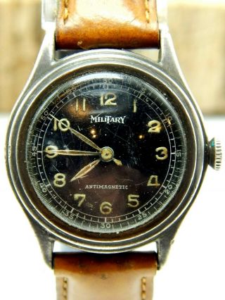 Vintage Wwii Era Military Watch Co Waterproof Wrist Watch 7 Jewel Black Dial
