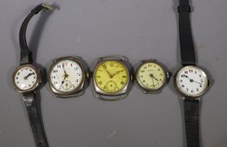 Five Vintage Art Deco Swiss Made Silver Cased Wrist Watches Spares Or Repairs