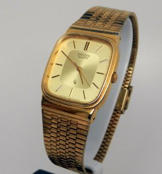 Mens Retro Vintage Citizen Gold Tone Quartz Square Watch Wristwatch Battery