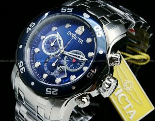 Invicta Men 48 Mm Pro Diver Scuba Royal Blue Dial Chrono S.  S Bracelet Watch