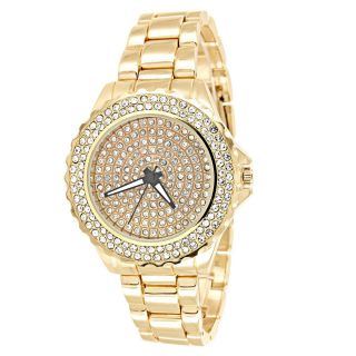 Iced Out Round Face Unisex Wrist Watch Gold Finish Metal Band Steel Back Analog