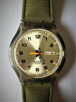 Rare Swatch Watch " Jelly.  " 2006 Day Date Vintage Swiss Khaki Canvas
