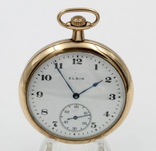 Antique Elgin Open Face Gold Filled Pocket Watch 1917 Case Size12 15j Nr 6560 - 8