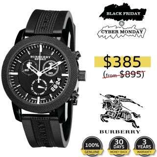 Burberry Sport Luxury Men Women 40mm Steel Chrono Watch Rubber Black Date Bu7761