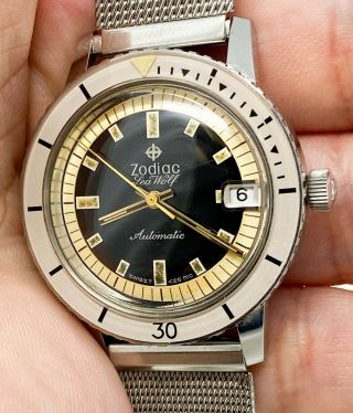 Vintage Zodiac Seawolf Diver Wristwatch w/bakelite bezel NR 7