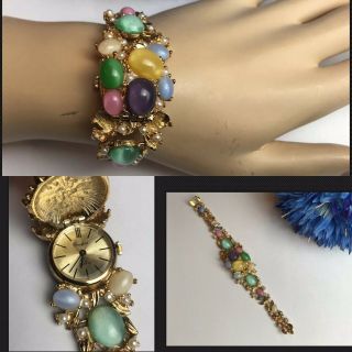 Rare Vtg Crawford Multi Color Jeweled Stone Wind Up Hidden Watch Bracelet Euc