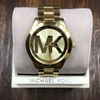 NWT Michael Kors Women ' s Gold Tone MK Logo Slim Runway Watch MK3739 MSRP $195 2