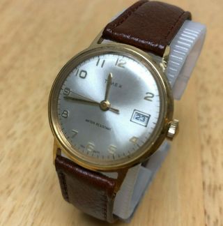 Vintage Timex Men Lady Gold Tone Leather Hand - Winding Mechanical Watch Hour Date