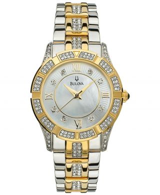 Bulova Crystal Mother Of Pearl Dial Two Tone Stainless Steel Ladies Watch 98l135