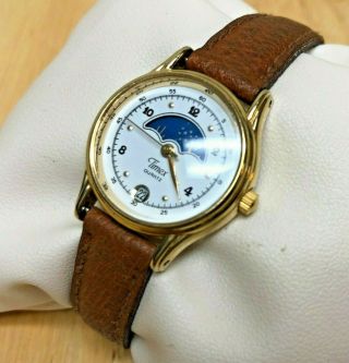 Vintage Timex Lady Gold Tone Moon Phase Analog Quartz Watch Hour Date Batter