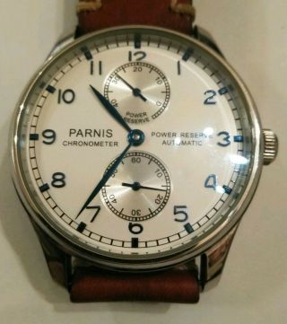Parnis Chronometer Power Reserve Indicator Automatic Wrist Watch High Jeweled.