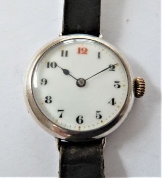 1915 Silver Cased 15 Jewelled Swiss Lever Trench Wrist Watch In Order