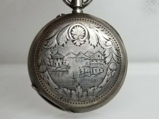 Antique Sterling Silver Jacot Locle Pocket Watch Oriental Scene Carved C.  1860 