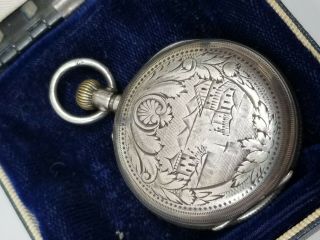 Antique Sterling Silver Jacot Locle Pocket Watch Oriental Scene Carved c.  1860 ' s 8