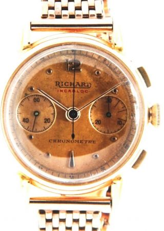 Solid 18k Gold Vintage Swiss Richard Chronometer - Grade Chronograph W/patina Dial