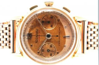 Solid 18k Gold Vintage Swiss Richard Chronometer - Grade Chronograph w/Patina Dial 2