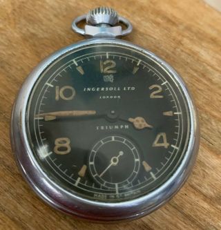 Ingersoll Ltd London Triumph Pocket Watch Black Dial Military Made In Gb Fwo