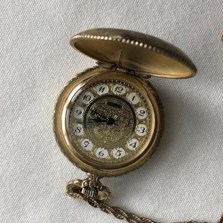 Helbros Pocket Watch Gold Tone With Chain Runs