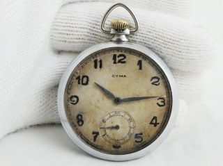 Cyma 7 J Ref 791 Vintage Military Style Open Face Swiss Mens Pocket Watch 1930s.