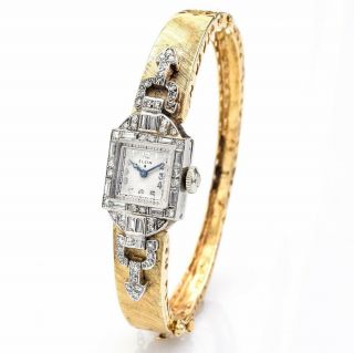 Elgin Antique Platinum & 14k Gold 1.  41tcw Diamond 17 Jewel Bangle Watch 23.  8g