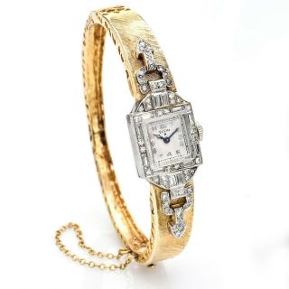 Elgin Antique Platinum & 14K Gold 1.  41TCW Diamond 17 Jewel Bangle Watch 23.  8G 2