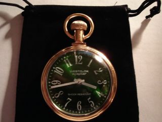 Vintage 16s Pocket Watch Steam Train Theme Case & Fancy Green Dial Runs Well.