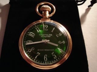 Vintage 16S Pocket Watch Steam Train Theme Case & Fancy Green Dial Runs Well. 2