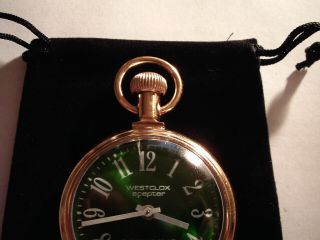 Vintage 16S Pocket Watch Steam Train Theme Case & Fancy Green Dial Runs Well. 3