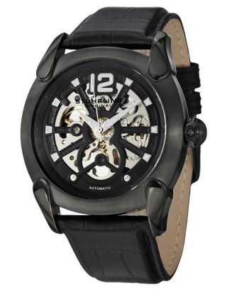 Stuhrling 725 02 Gen X Axial Automatic Skeleton Black Leather Band Mens Watch