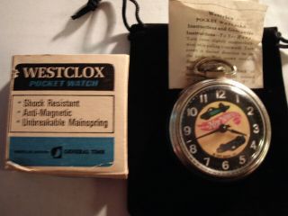 Vintage 16s Pocket Watch Hot Wheels Theme Dial & Case Box Runs Well.
