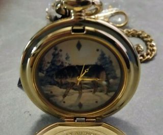 FRANKLIN - WOLF STALKING ON POCKET WATCH GOLD TONED N CHAIN 2