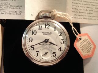Vintage 16S Westclox Pocket Watch & Box & Price Tag Runs Well. 4