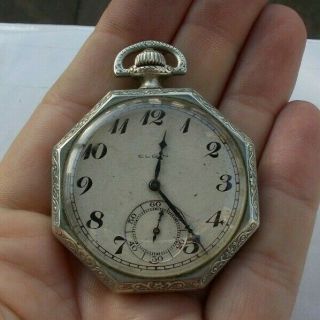 Rare Vintage Antique 1.  75 " Elgin Octagonal Wind Up Pocket Watch Deco 17 Jewels