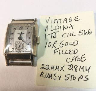 Vintage Mens Alpina Gold Filled Watch Runs & Stops 22mm X 28mm
