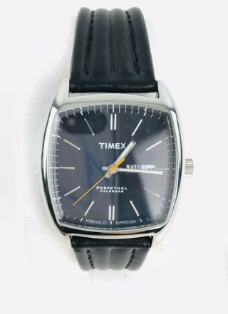 Men’s Timex Perpetual Calendar Indiglo Watch Black Leather Wr 100 M Aviator
