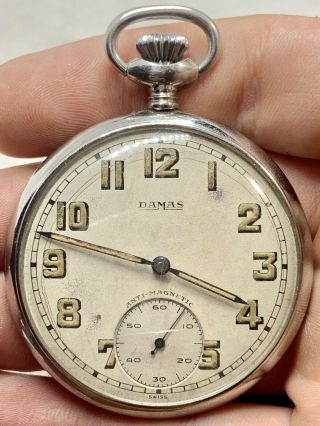 Vintage Ww2 Era Military Issue Damas 15 Jewel Swiss Made Pocket Watch