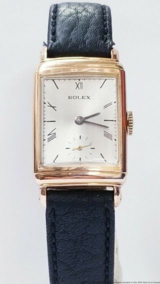 Rolex Mens Vintage Curved Art Deco Rectangular 14k Rose Gold Chronometer Watch