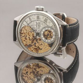 A.  Lange & Sohne Movem Germany Skeleton Silver Dial Hand Engrav Wrist Watch 49 Mm