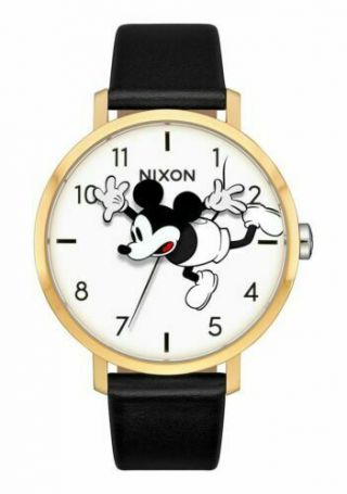 Nixon Disney Arrow Mickey Mouse Gold Black Leather Strap Watch 38mm A10913095 - 00