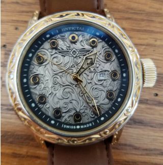 Invicta Vintage 20547 Gold Sculptured Brown Leather Date Quartz Watch