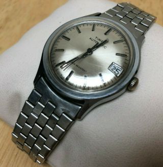 Vintage 1980 Timex Men Silver Self - Winding Automatic Mechanical Watch Hours Date